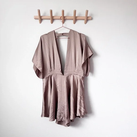 Lioness Taupe Warhol Satin V-Neck Romper - Picture 1 of 10